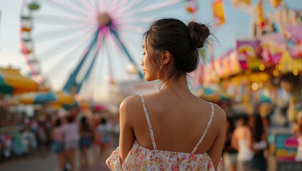 Ferris Wheel and young woman at sunset, joyful nostalgia, golden hour bokeh portrait, lifestyle travel scene for carnival marketing and festival