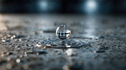 Liquid metal droplet hovering above matte concrete — fusion of organic and mechanical minimalism