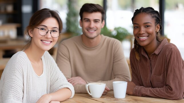 A diverse group of happy young friends smiling at the camera in a cafe. Multicultural students enjoying a coffee break together. Friendship and diversity concept