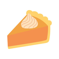 Slice of pumpkin pie with whipped cream topping. Classic autumn dessert symbolizing thanksgiving, comfort and cozy seasonal treats. Simple illustration. Flat vector. Hand drawn. Isolated background.