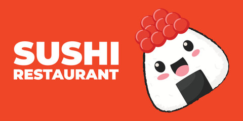 Vector illustrated promotional banner with Japanese cuisine. Traditional Asian food including onigiri, sushi, and rice bowls. Perfect for restaurant branding, menu design, and online advertising