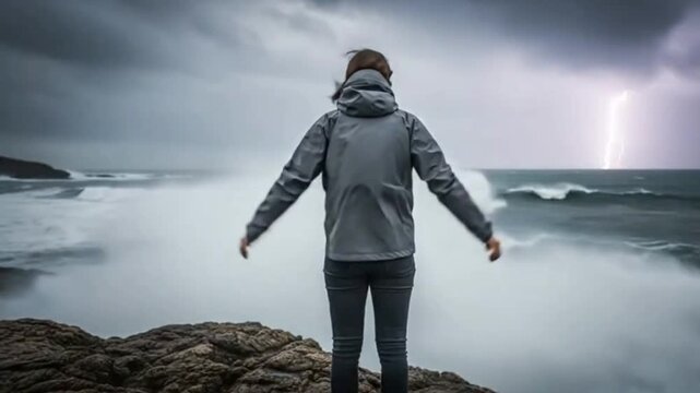 A woman with arms open wide, standing on a cliff watching a dramatic ocean storm with lightning. This footage is perfect for power of nature concepts