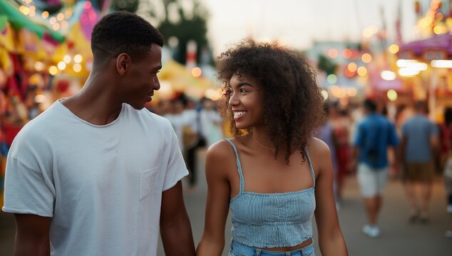 Carnival Night couple smiling, joyful walk under neon lights — candid lifestyle portrait with shallow depth of field, warm summer festival vibe for dating, travel, happiness