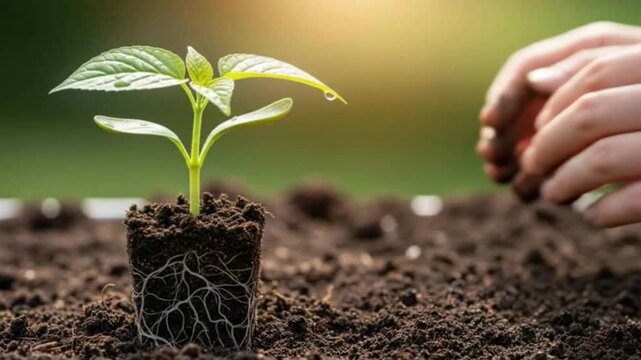 A person's hands planting a small green sprout with roots into rich, dark soil. This footage is perfect for ecology, gardening, and new life concepts