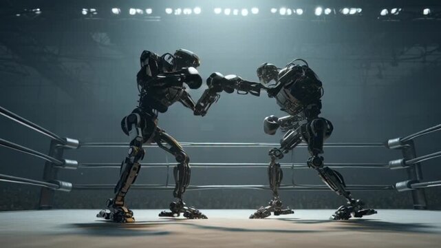 Cinematic Scene of Two Robots Boxing in the Ring, Capturing Dynamic Motion, Metallic Clashes, High-Energy Combat, and Futuristic Robotic Athleticism in an Intense Sci-Fi Action Atmosphere