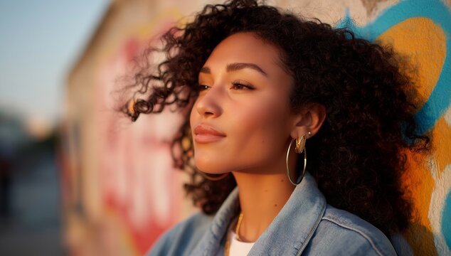 Urban portrait of confident young woman with curly hair, serene gaze, golden hour side profile, cinematic street style by graffiti wall, ideal for lifestyle branding, beauty editorial, empowerment