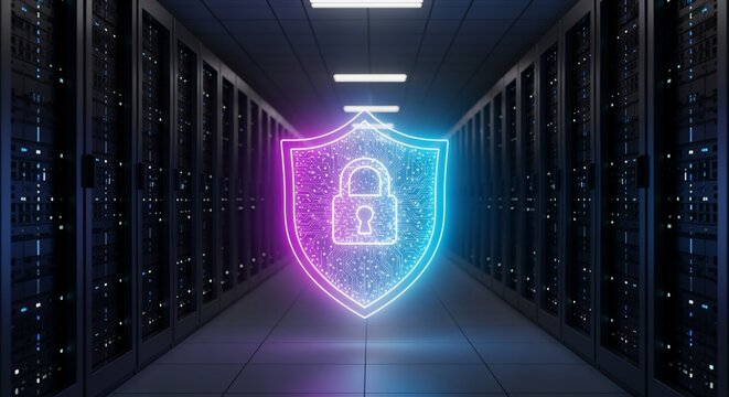 Secure data center with glowing padlock shield icon, representing cybersecurity and network protection