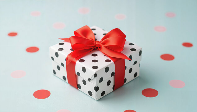 Polka dot gift box with red bow on light blue background