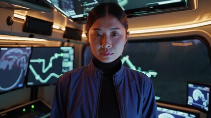 Woman operates futuristic control console. Operator faces camera amid monitor displays. Command center shows map and data visualization on screens. Focused expression suggests mission responsibility. - Powered by Adobe