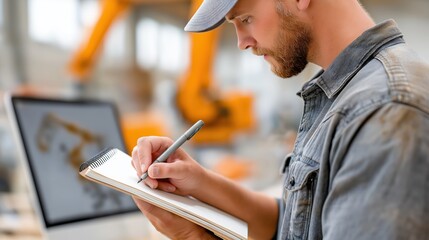 Engineer writing in a notebook with an industrial robotic arm in the background. Manufacturing, automation, and robotics technology concept