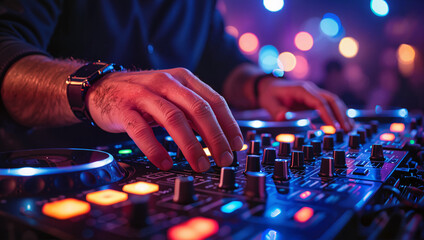 Hands of DJ using turntable in vibrant neon lighting