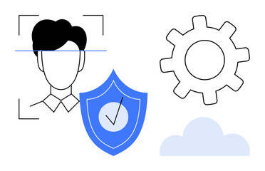 Face recognition scan, security shield with checkmark, gear icon, and cloud element. Ideal for privacy protection, cloud service, authentication, technology, cybersecurity settings innovation