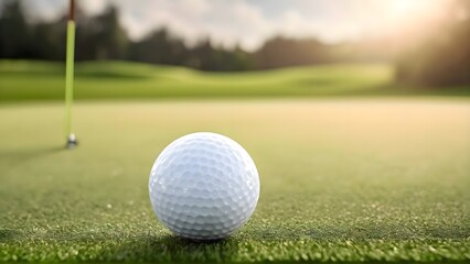 Obraz premium White golf ball resting at the edge of a golf green on a sunny outdoor course with natural grass and soft shadows in a calm sports environment
