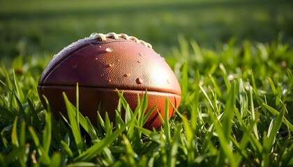 Close up of a rugby lying in green grass on an outdoor field under natural light with detailed texture visible on the ball surface creating a realistic sports scene