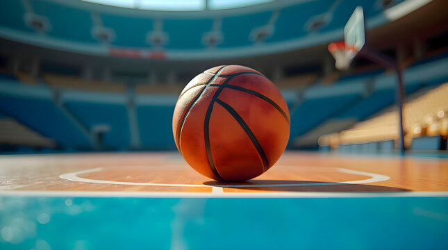 Basketball ball resting on indoor court floor with wooden surface and athletic atmosphere, capturing gym training mood and sports environment in clean empty arena lighting