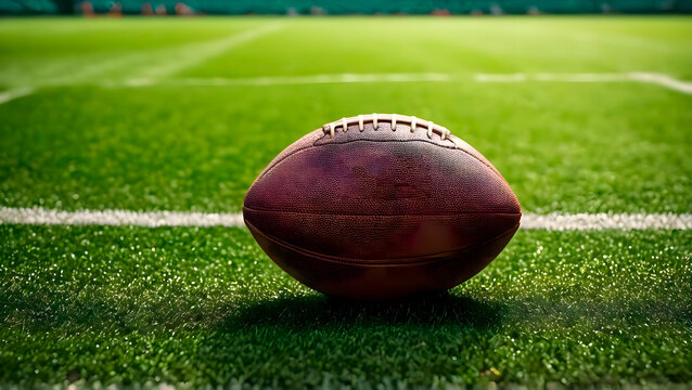 Close up rugby on field grass with strong focus and soft natural lighting, expressing outdoor athletic training atmosphere and preparation for football practice on green turf - Powered by Adobe