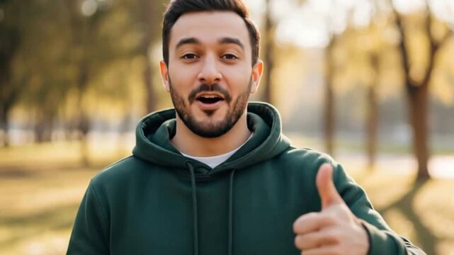 A happy man in a green hoodie holding a phone and giving a thumbs up gesture in a park. This footage is perfect for positive feedback concepts