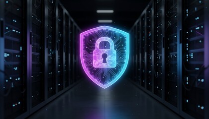 Secure data protection concept with digital shield and padlock in a server room