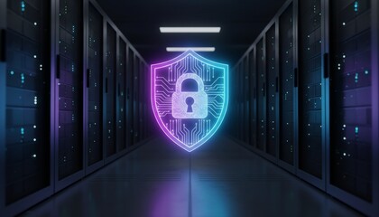 Digital security and data protection in a modern server room with a glowing shield icon