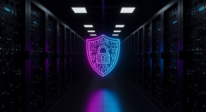 Digital Security Shield with Lock Icon and Data Center Background