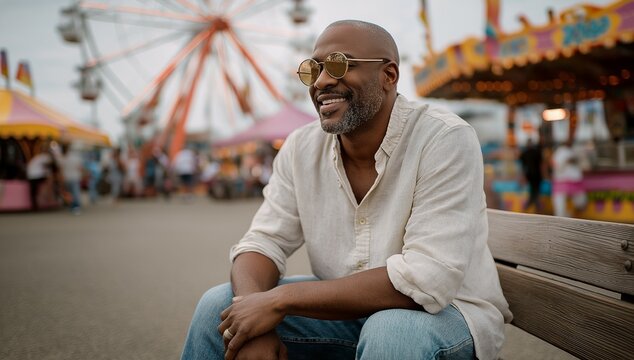 Carnival Night portrait of a smiling man on a bench, relaxed joy, candid lifestyle, Ferris wheel and rides glowing in bokeh, editorial stock for travel, leisure, and celebration