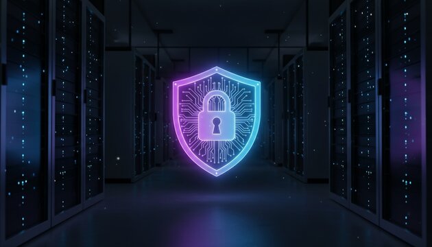 Cybersecurity Shield with Padlock Icon Representing Digital Data Protection and Network Security