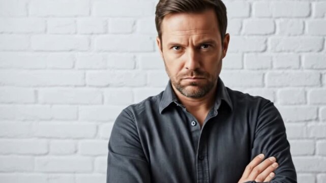 A portrait of a serious man with his arms crossed, looking at the camera with an angry expression. This footage is perfect for disapproval concepts