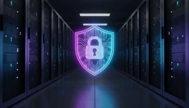 Digital security and data protection in a modern server room with a glowing shield icon