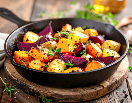 Balsamic roasted vegetables, carrots, sweet potato, pumpkin, beetroot, and potatoes. AI