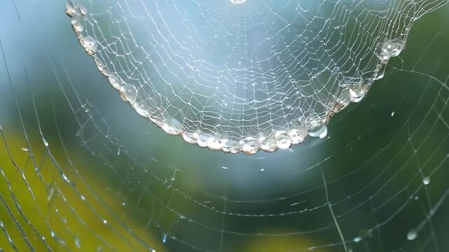 Macro view of spider web with dew drops glistening as camera pans gently, reflecting light and showing fine silk texture in early morning calm