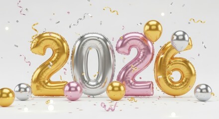 Fototapeta premium Happy new year 2026 balloons and confetti