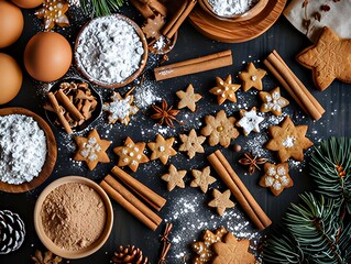 Holiday baking scene with gingerbread cookies and spices