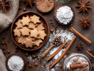 Holiday baking scene with gingerbread cookies and spices