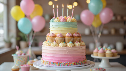 Layered rainbow birthday cake with cupcakes and balloons