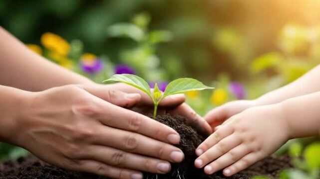 An adult's hands and a child's hands planting a small green sprout in a garden. This footage is perfect for family, future, and ecology concepts