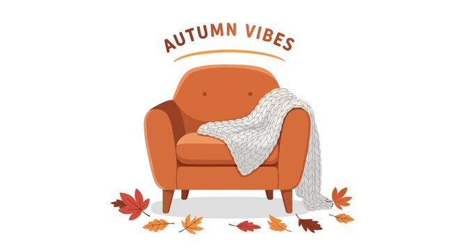 Cozy orange armchair with a soft white blanket and falling autumn leaves evoking seasonal comfort