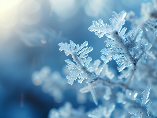 Macro shot of detailed snowflake crystal in cold blue light