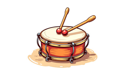 Vintage parade drum with wooden sticks, classic Christmas musical toy, isolated on transparent background with copy space