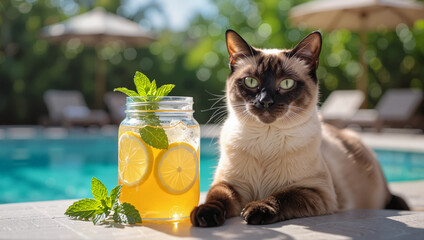 Siamese cat next to lemonade on poolside table in summer setting