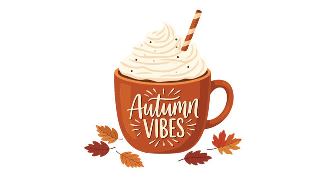 Cozy autumn vibes mug with whipped cream and fall leaves perfect for seasonal drinks