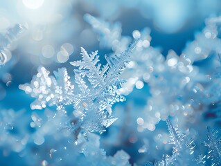 Macro shot of detailed snowflake crystal in cold blue light