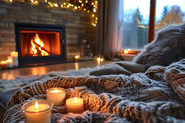 Cozy living room with candles and fireplace