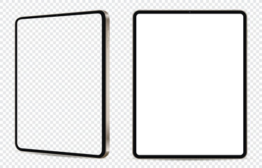 Realistic tablet mockup. Front and side view with white and empty screen on transparent background.