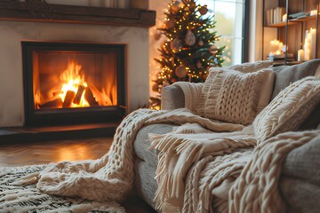 Cozy living room with candles and fireplace