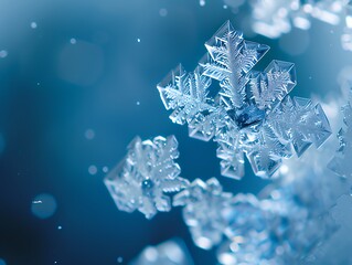Macro shot of detailed snowflake crystal in cold blue light