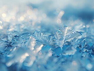 Macro shot of detailed snowflake crystal in cold blue light
