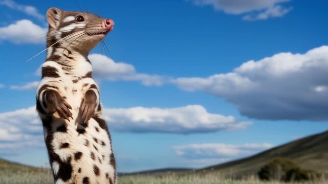 Playful quoll reaching skyward against clear blue summer backdrop