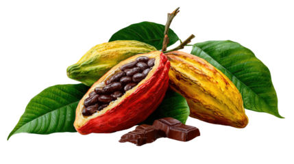 Chocolate's Essence: Vivid depiction of cacao fruits with rich tones, offering a mouthwatering glimpse into the journey from pod to irresistible chocolate bars. 