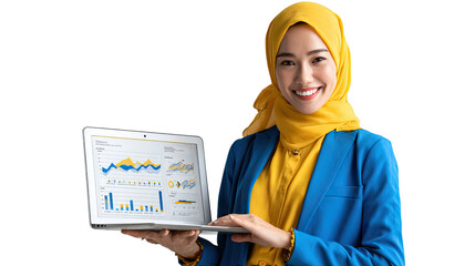 Business Presentation: A confident woman in a hijab, dressed in professional attire, presents financial data on a laptop, radiating expertise and poise.
