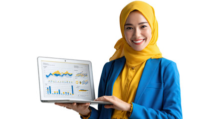 Business Presentation: A confident woman in a hijab, dressed in professional attire, presents financial data on a laptop, radiating expertise and poise.